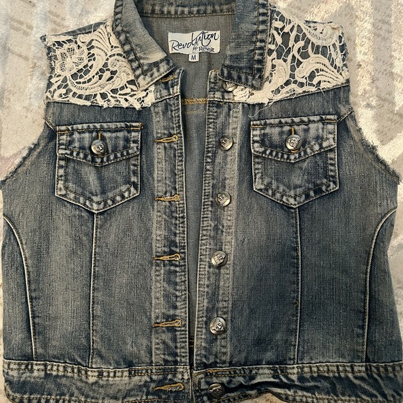 Revolution Tops - Denim Vest with Lace Details